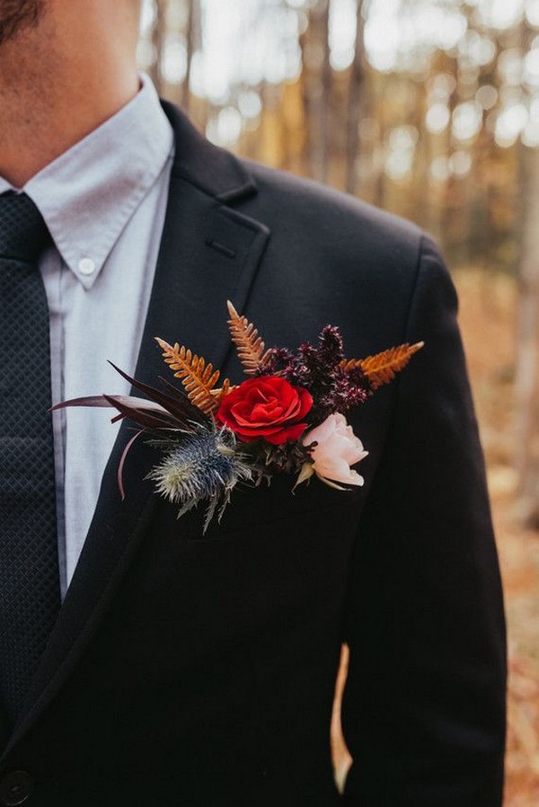 black fall and winter groom wedding suit and fall flowers