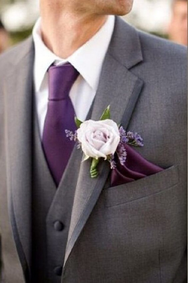 grey fall groom wedding suit and purple tie