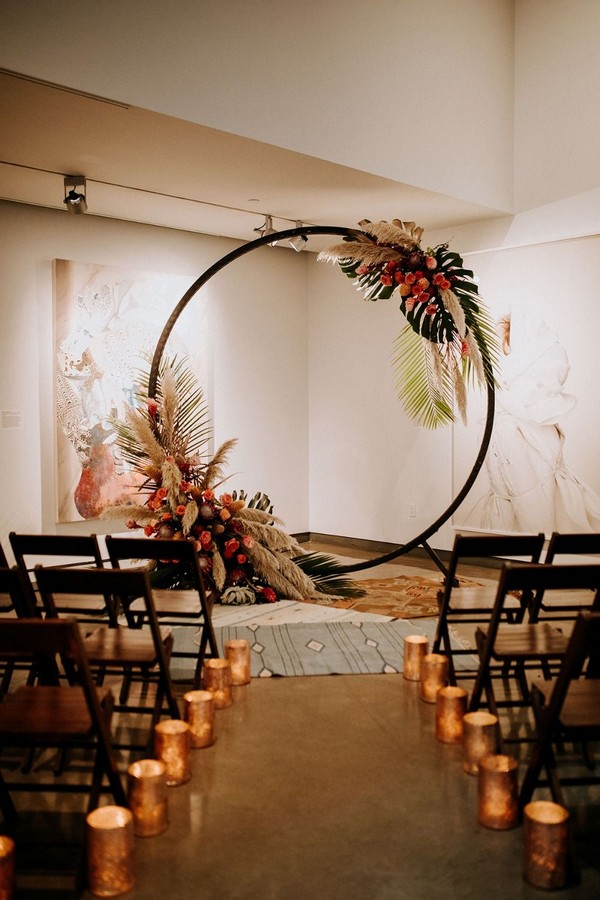 modern tropical themed pamper grass wedding ceremony decor