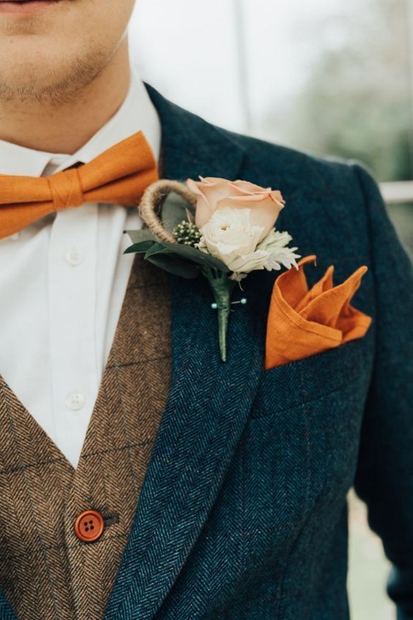 navy and orange, groom tie and boutonniere