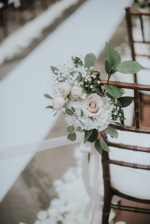 elegant blush roses and eucalyptus wedding aisle chair decoration ideas5
