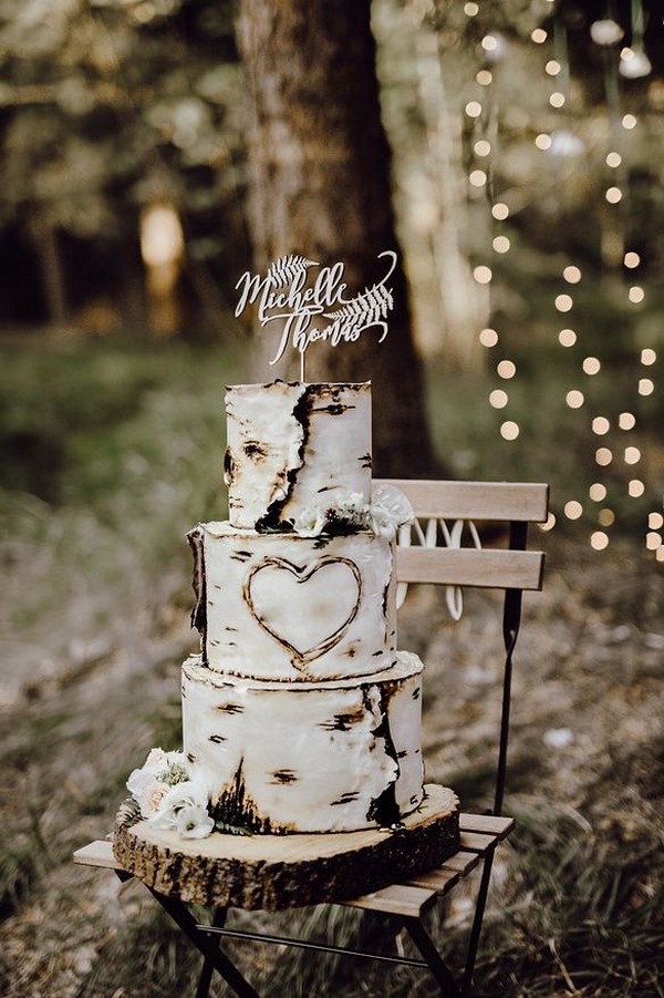 rustic birch wedding cake and laser cut wood wedding cake topper