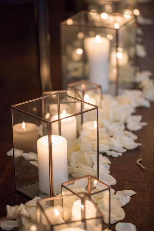 rustic candle and geo lantern wedding aisle decoration