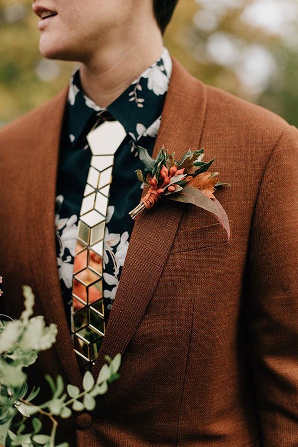 rustic groom attire brown jacket with boutonniere flower tie