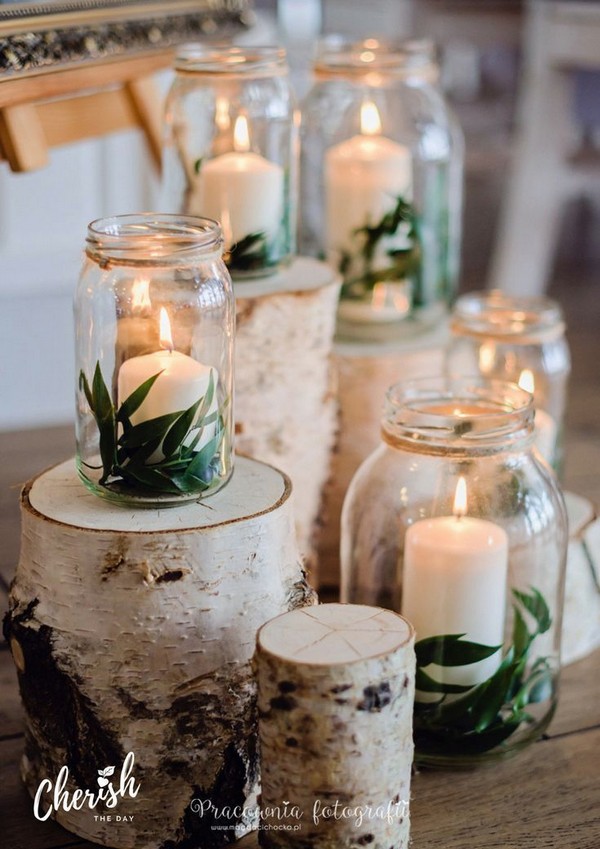rustic mason jar and candle birch wedding decor
