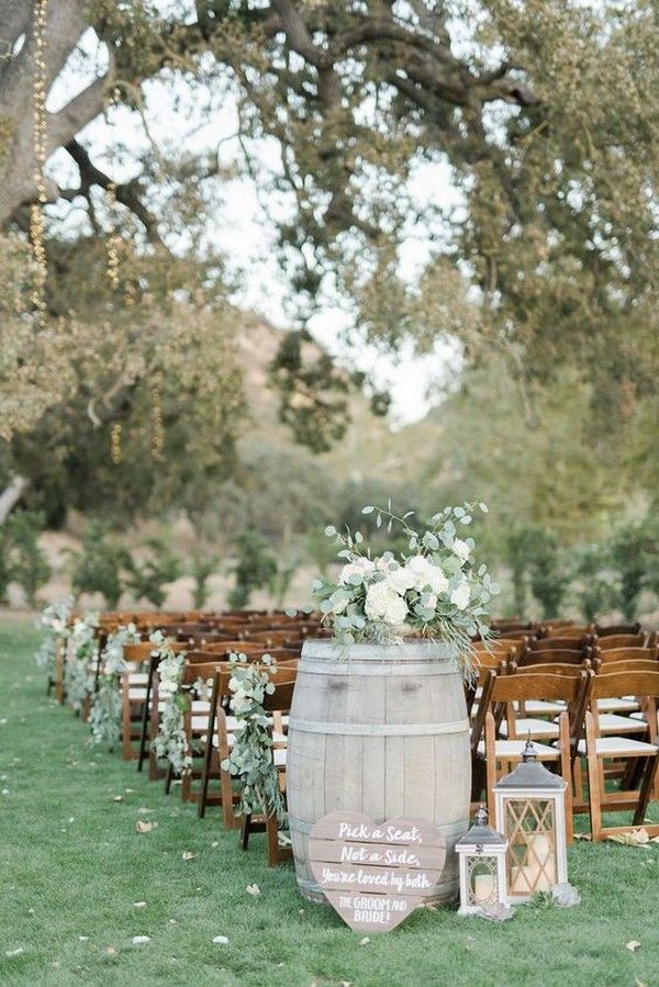 rustic outdoor wedding aisle ideas with wine barrels16
