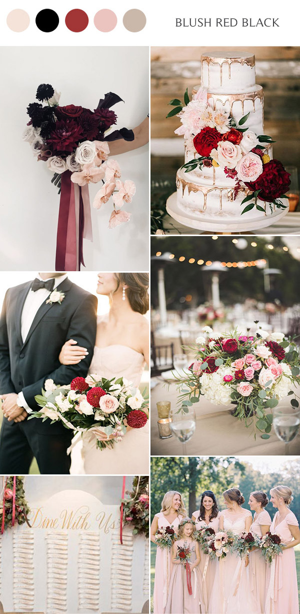whimsical floral garden inspired blush and dark red wedding colors