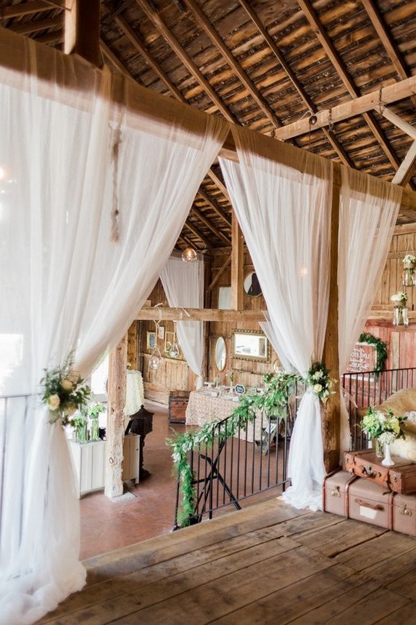 barn wedding decoration ideas with white draping