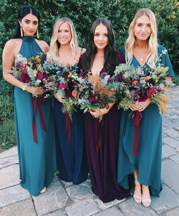 mix of Deep Jade, Merlot, + Navy bridesmaids dresses
