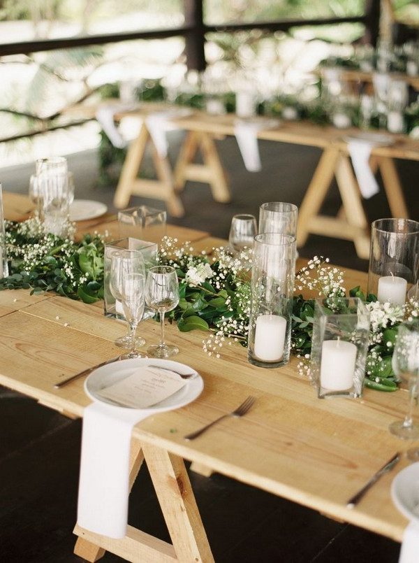 rustic baby’s breath and candles wedding table runner
