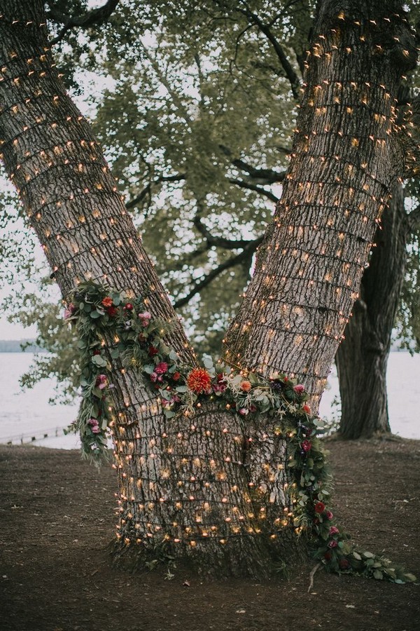 rustic tree wedding backdrop with lights
