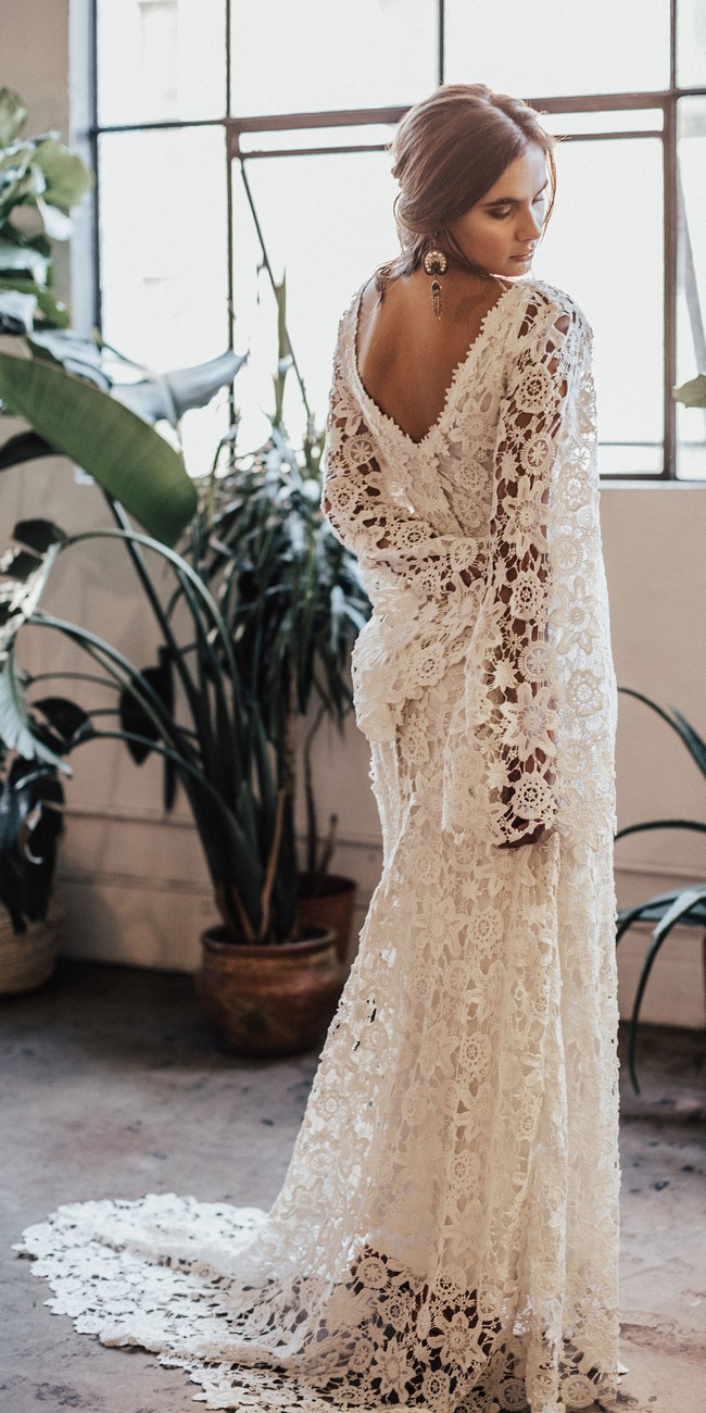 Bell Sleeve Lace Bohemian Wedding Dress with Train2 - Hi Miss Puff