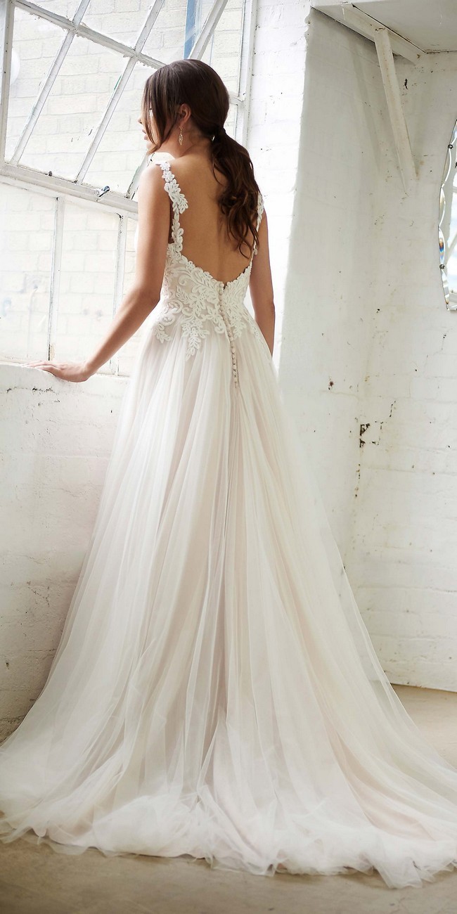 Blush colour open back V-neckline slim lace straps wedding dress2_cr