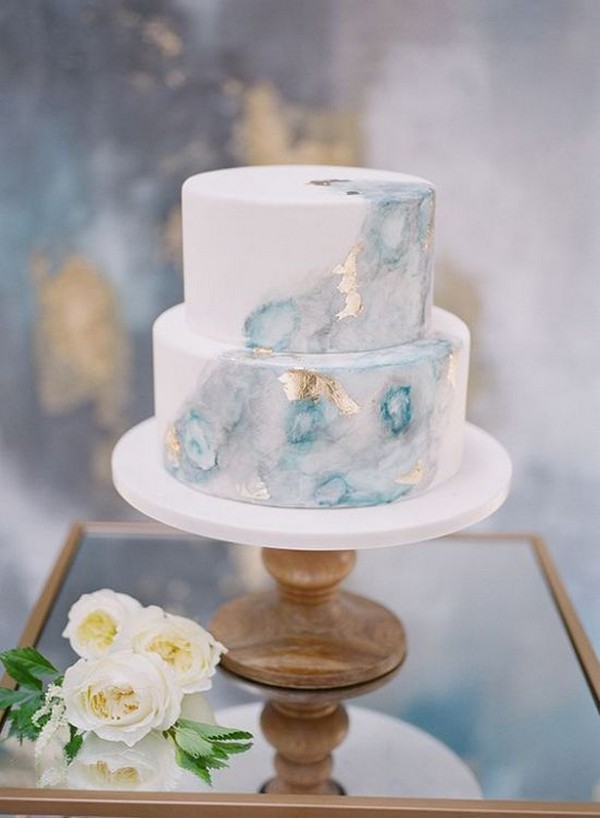 Watercolor Marble Light Blue Wedding Cake Decorated With Gold Leaf