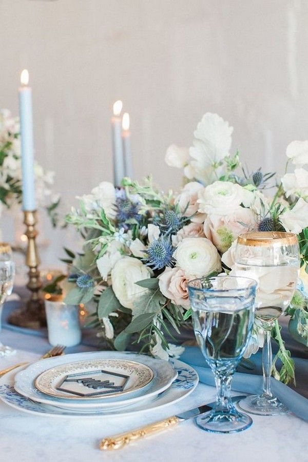 light blue and candle wedding centerpiece