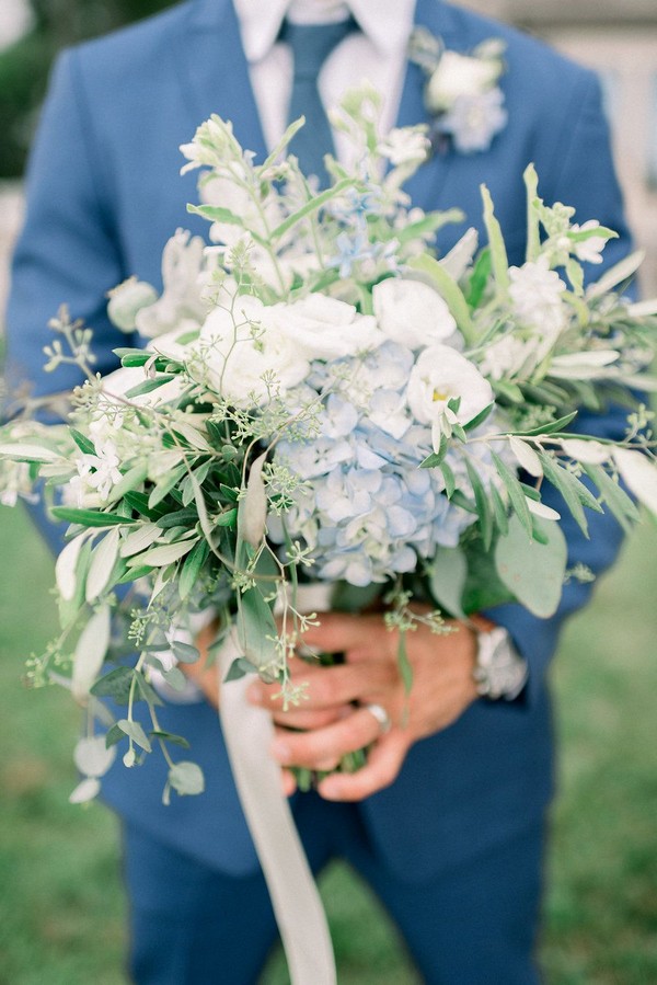 light blue hydrangea and seeded eucalyptus wedding bouquets