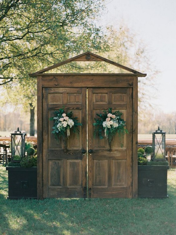 rustic wood old door wedding backdrop and ceremony entrance ideas 11