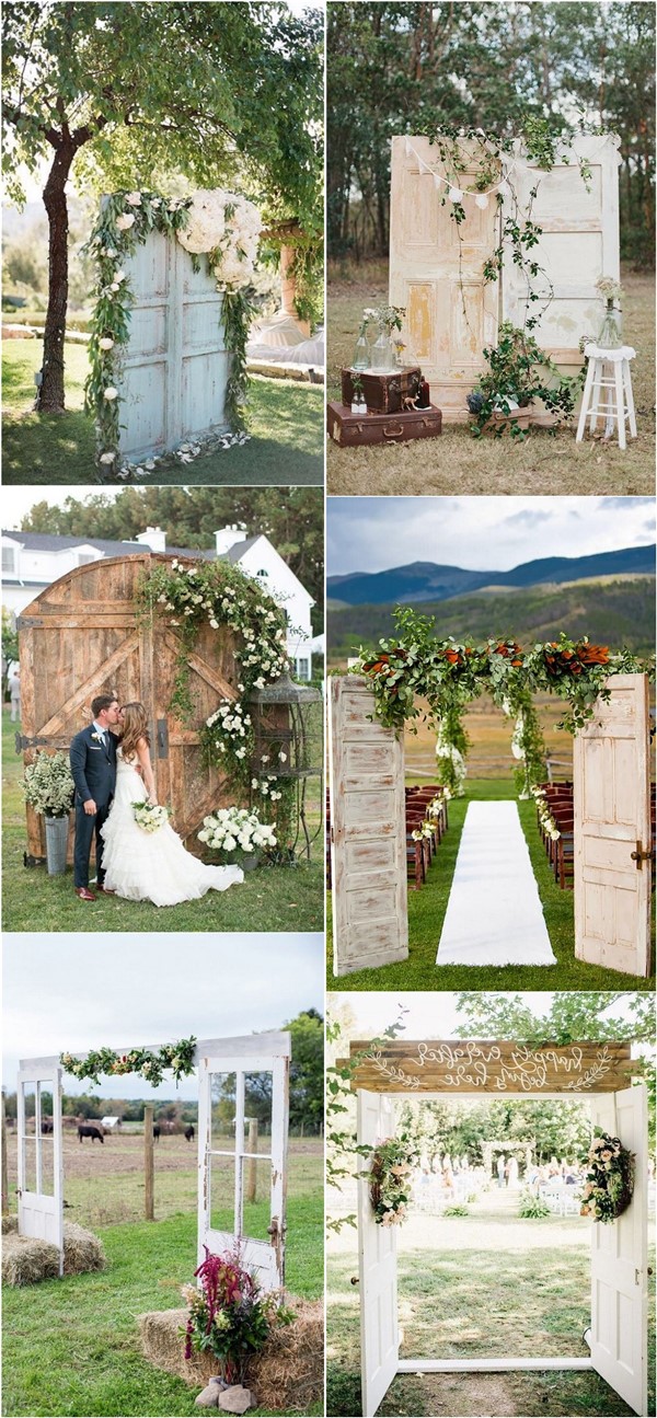 rustic wood old door wedding backdrop and ceremony entrance ideas3