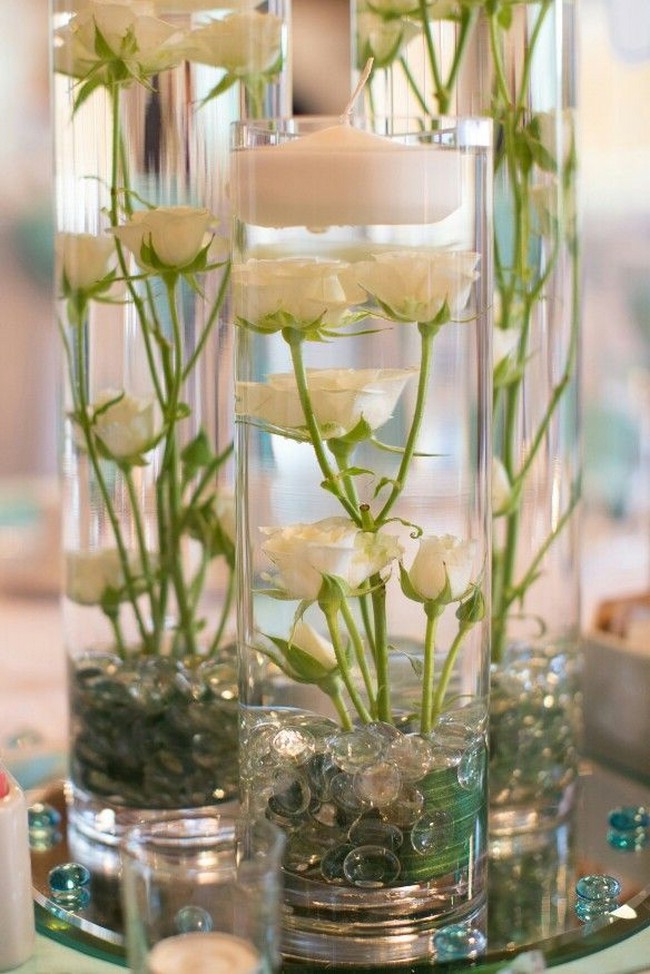 floating wedding centerpiece ideas with flowers and candles 17