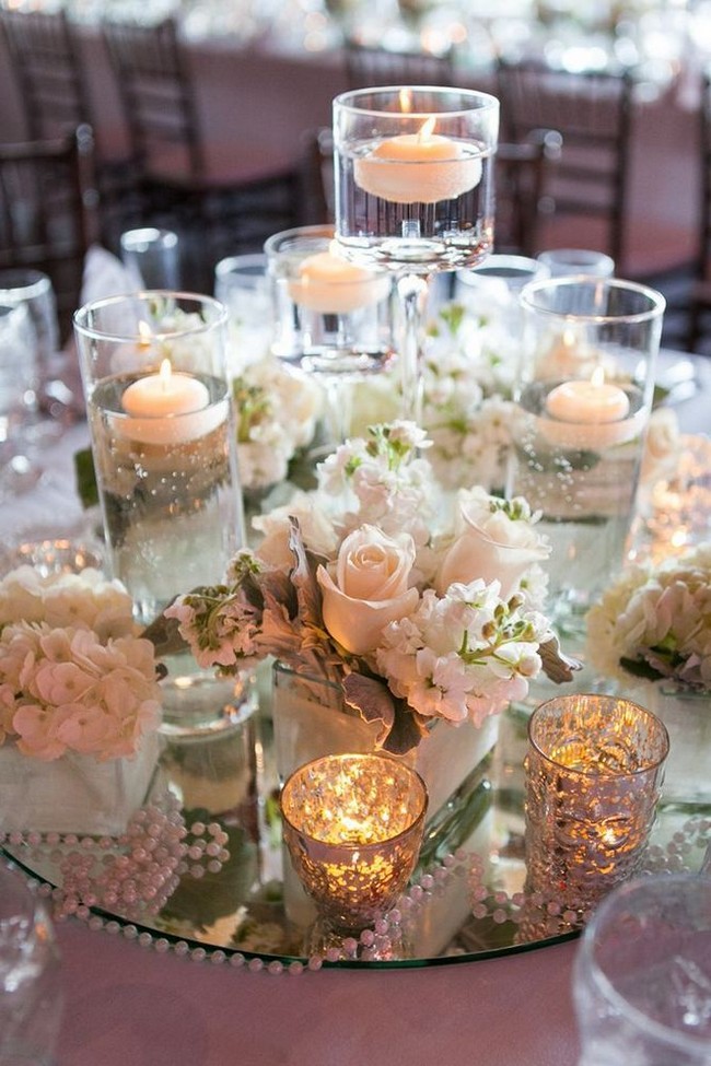 floating wedding centerpiece ideas with flowers and candles 29