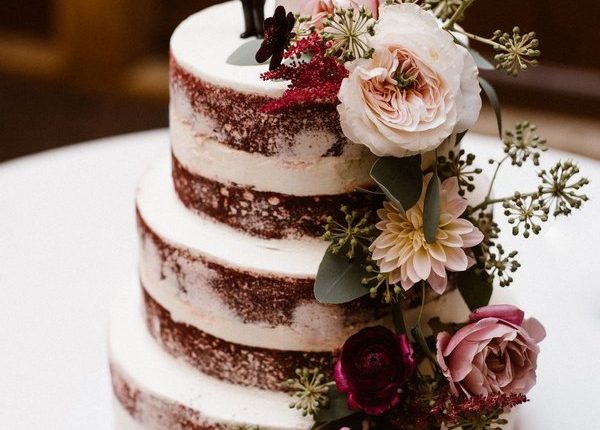Burgundy Red Velvet Wedding Cake with Flowers
