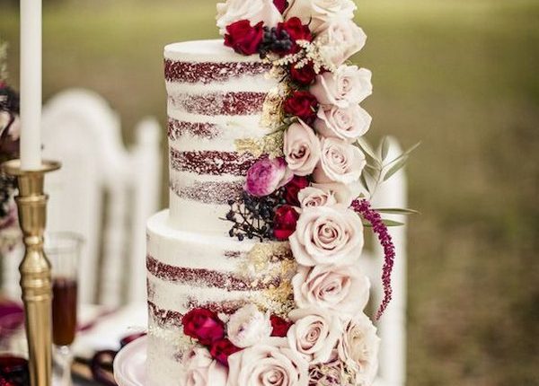 Two Tier Semi-naked Wedding Cake with Pink Roses
