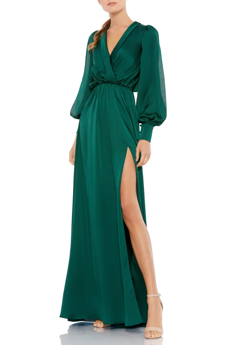 Emerald Split Long Sleeve Faux Wrap Satin Formal Blacktie Wedding Guest Dress