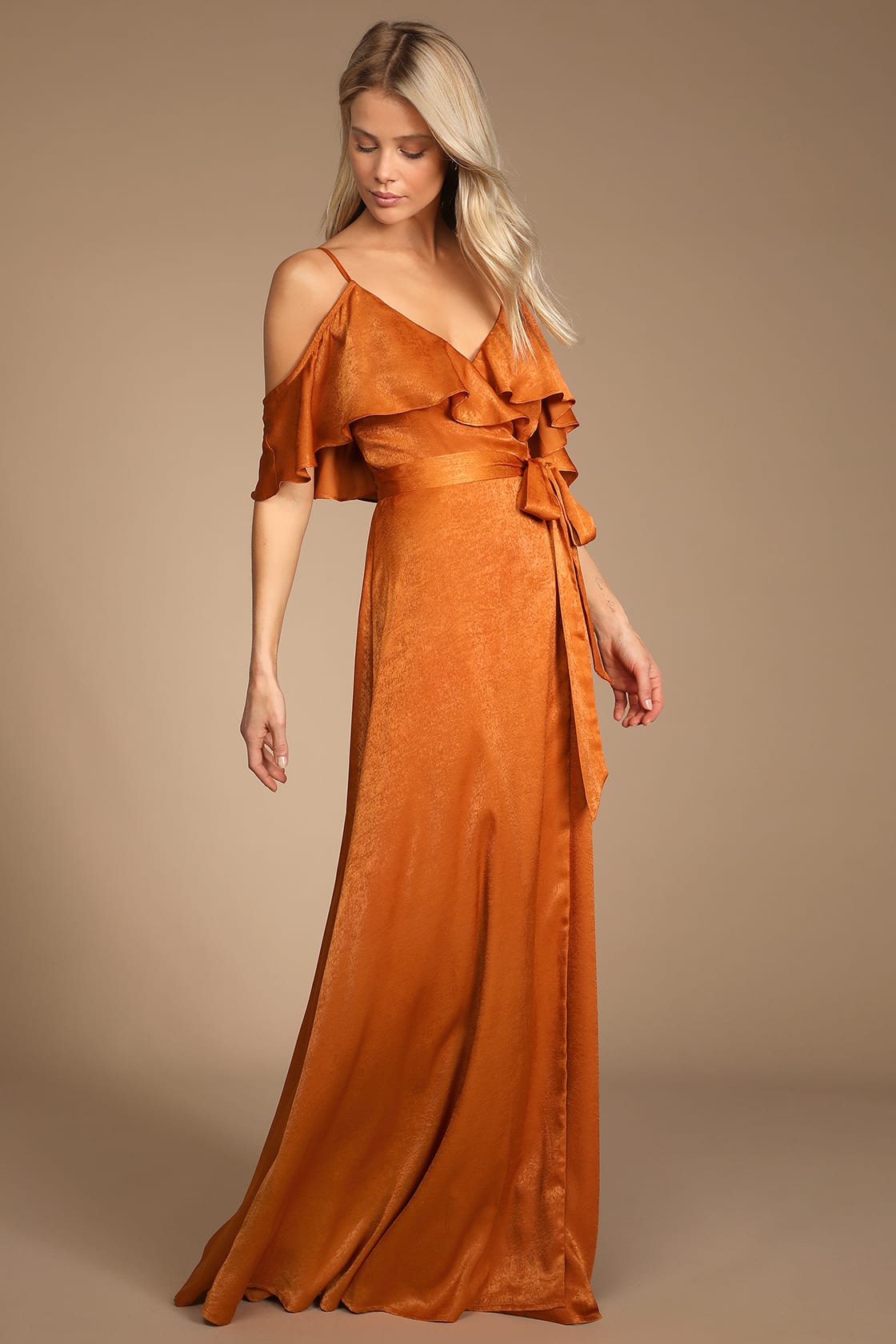 Moriah Rust Satin Wrap Maxi Dress