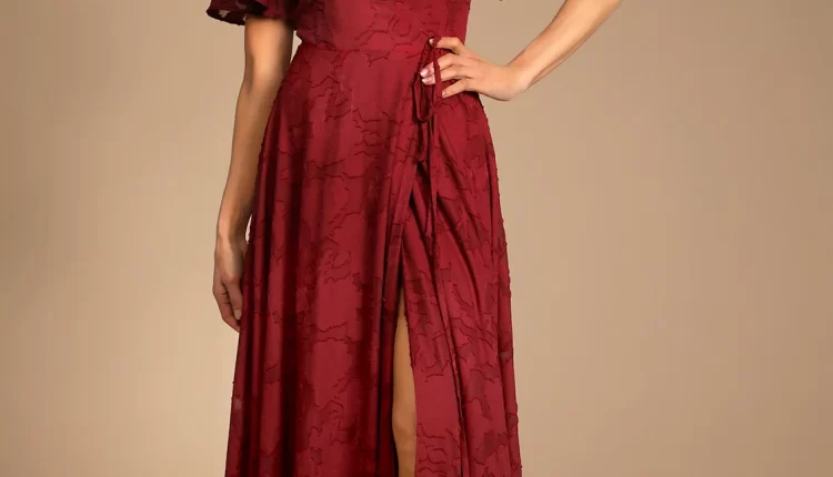 Wine Red Floral Jacquard Wrap Maxi Wedding Guest Dress