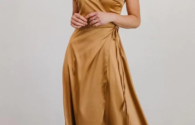 Gold Satin Wrap Wedidng Guest Gown with Cap Sleeves
