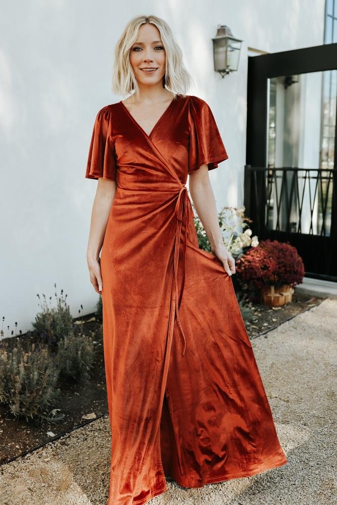 Rust Velvet Wrap Long Fall Wedding Guest Dress Hi Miss Puff