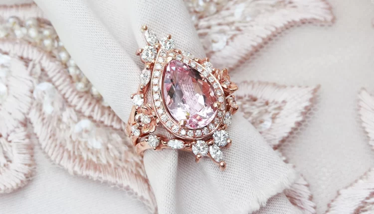 Pear Morganite Rose Gold Engagement Ring 3 carat Diamond Halo flowers