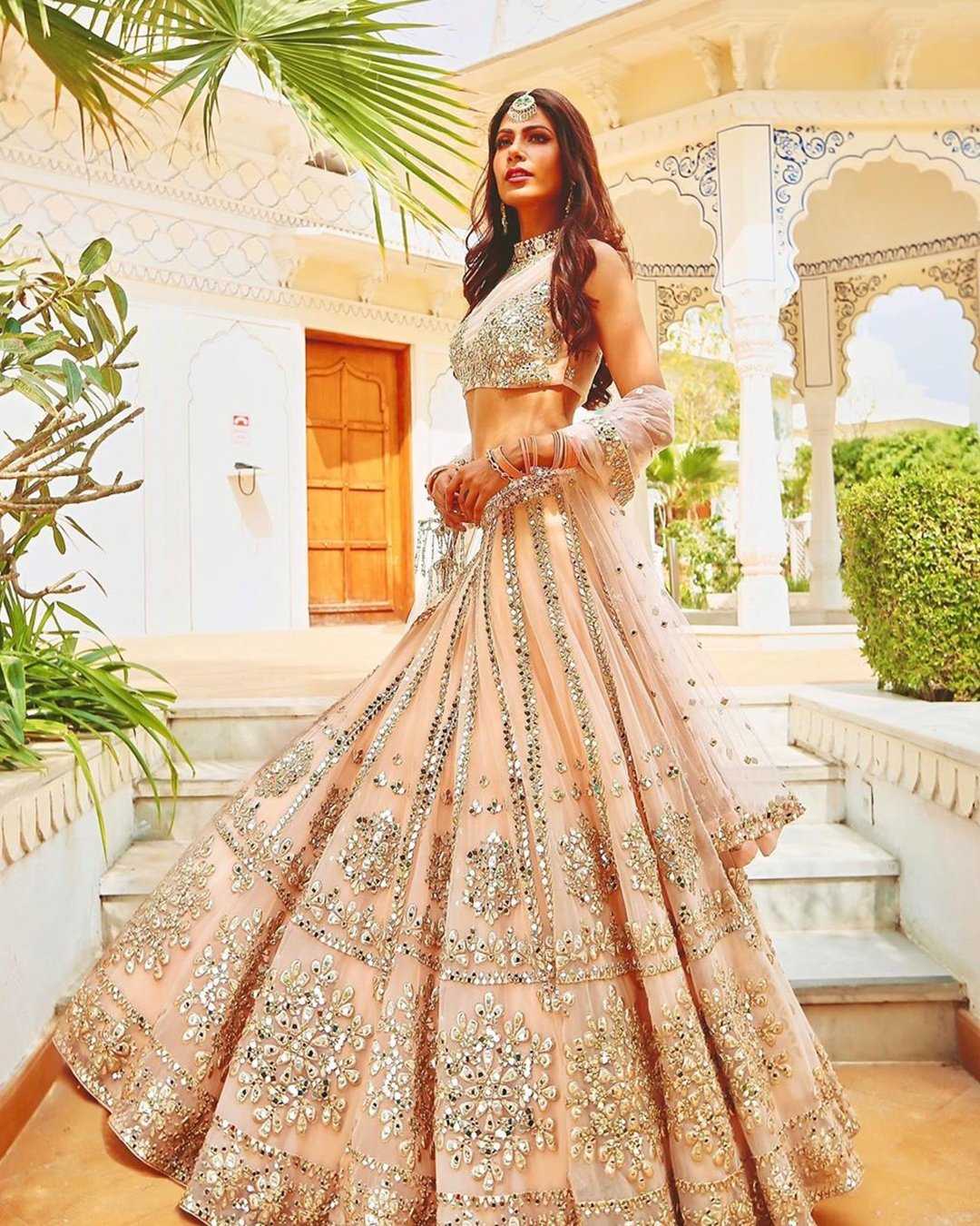 Rose gold train gown with drill dupatta – Ricco India