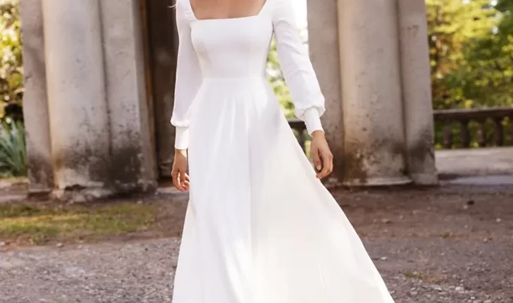 simple wedding dresses a line long sleeve and square neckline