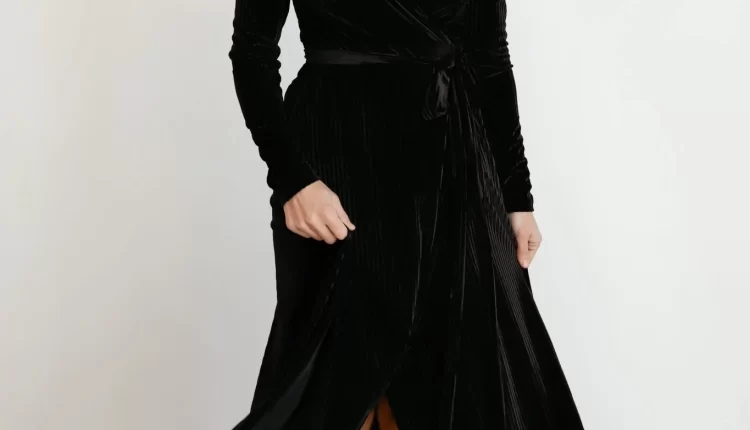 Black Velvet Wrap Bridesmaid Dress with Long Sleeves